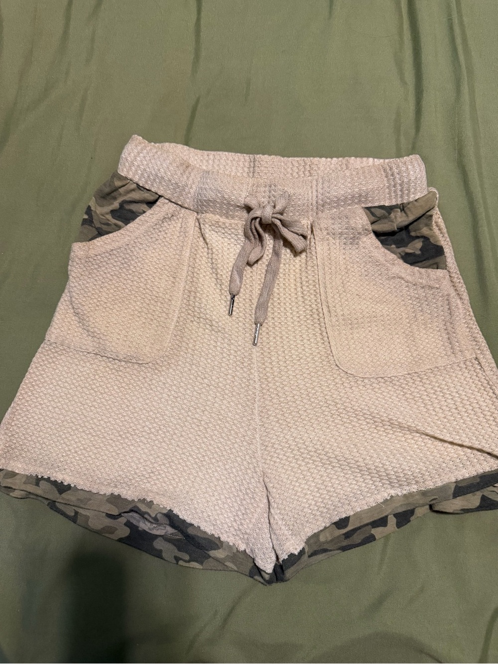 POL Beige Knit Athletic Shorts with Camo Trim